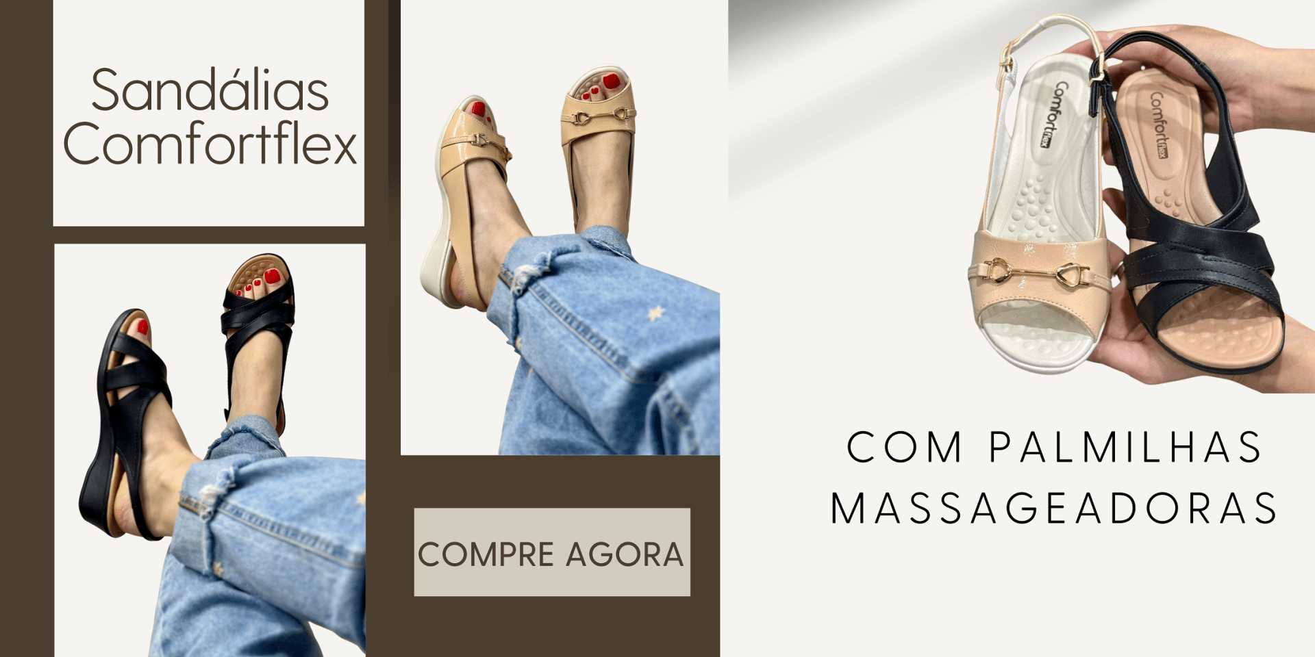 Sandálias Comfortflex com palmilhas massageadoras