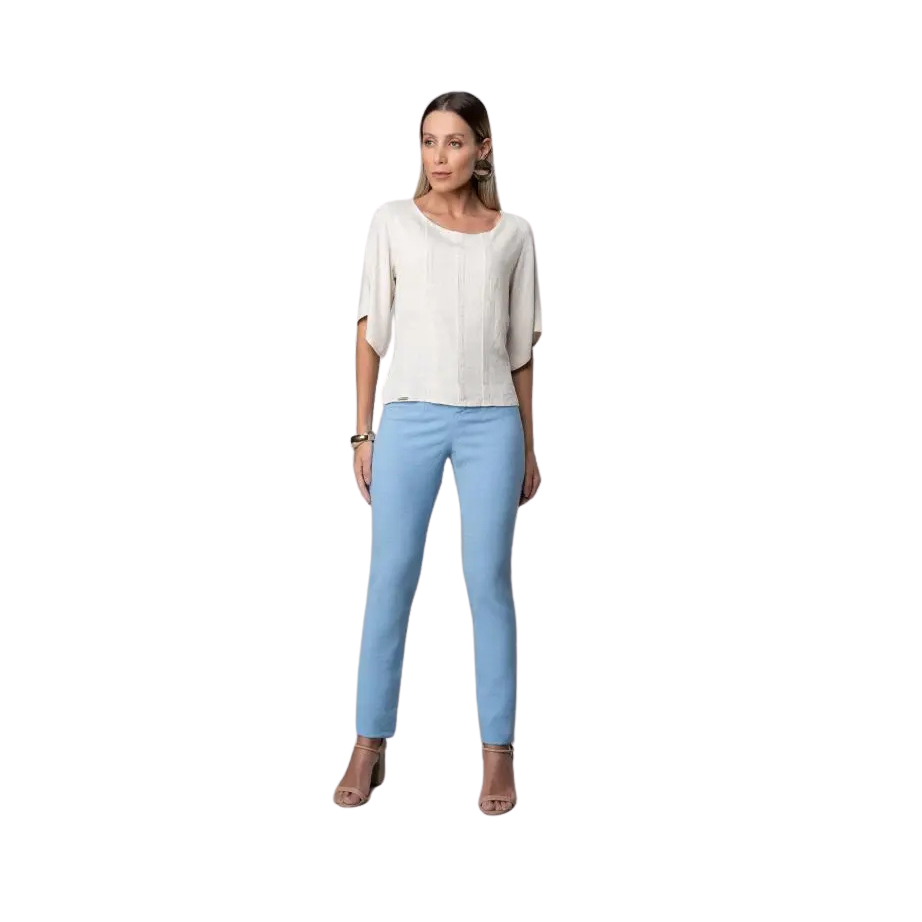 Blusa Rosa Tatuada 10548 Linho com Pregas na Frente