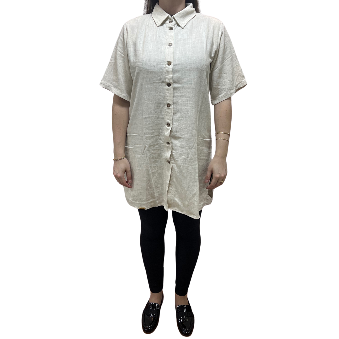 Camisa Rosa Tatuada 9921 Alongada Linho