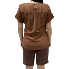 Blusa Rosa Tatuada 10543 Supremo Flow com detalhe em Renda Marrom Café